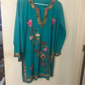 Embroidered Teal Tunic Dress